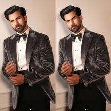 Black Velvet Men's Suits Peak Lapel Party Prom Wedding Groom Tuxedo Two Pieces