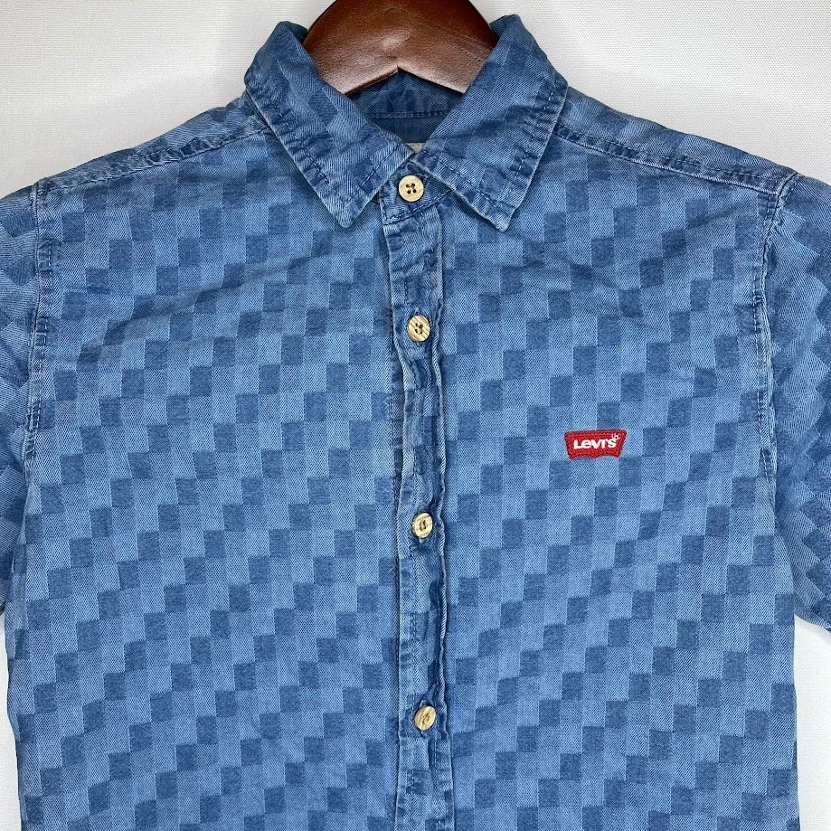 Levi’s Kids S Blue Checkered Short Sleeve Button Up Denim Shirt 8–10 - Image 2 of 4
