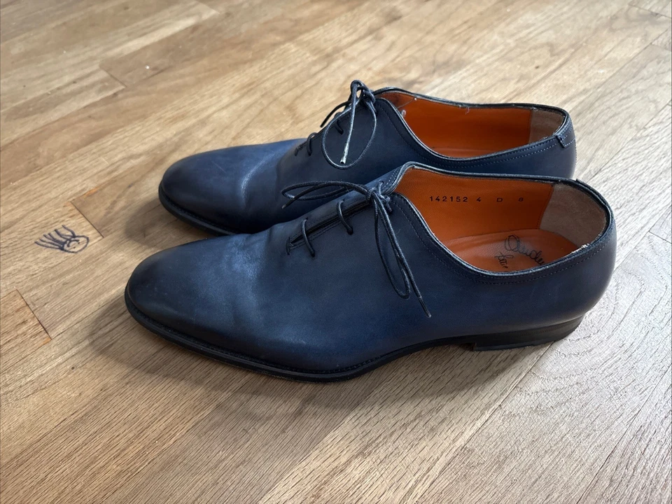 Sapatos masculinos santoni couro azul tamanho 8 feito na Itália cadarços vestido preppy - Imagem 3 de 4