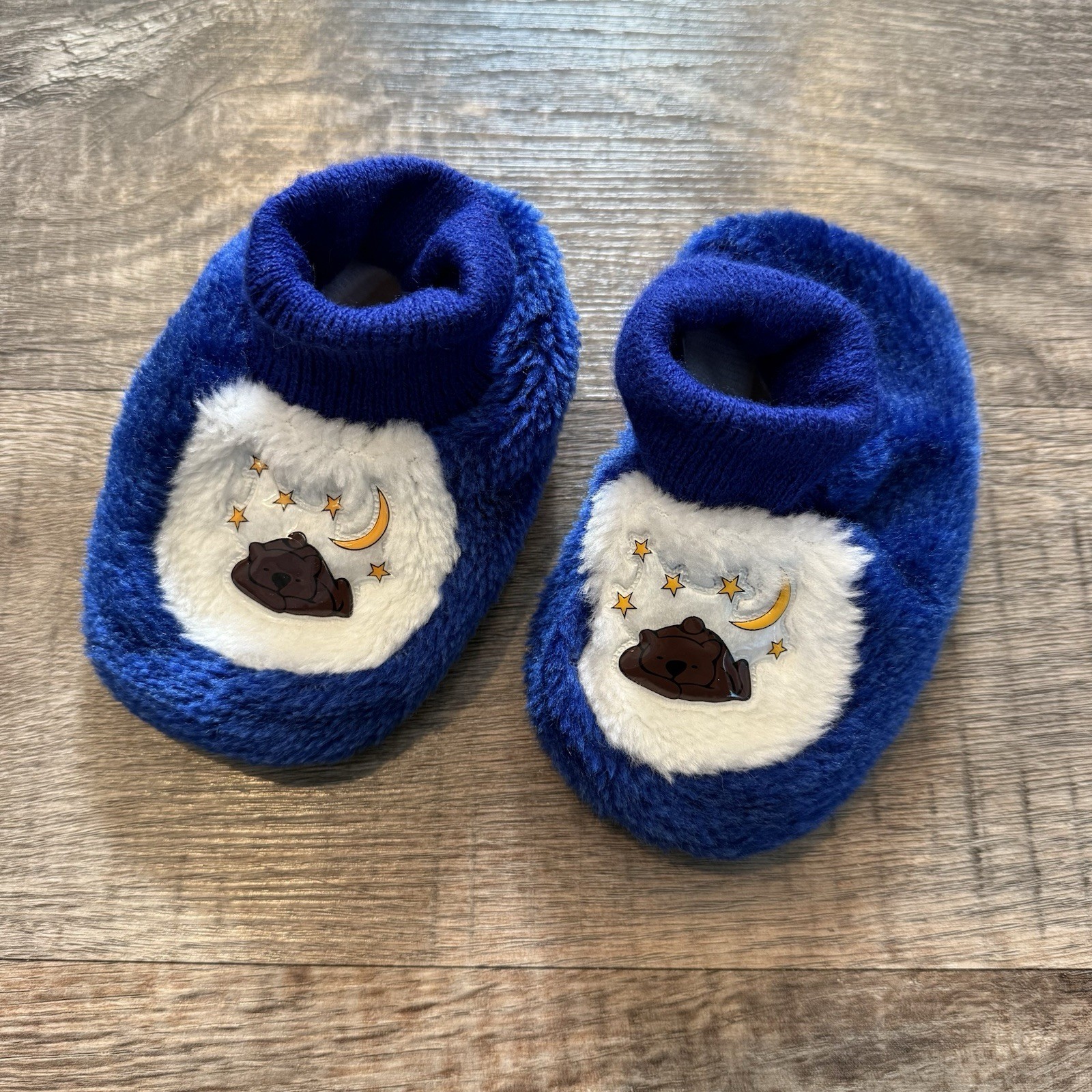 Blue and White Toddler Slippers With Sleeping Bear and Grips Size 7-8