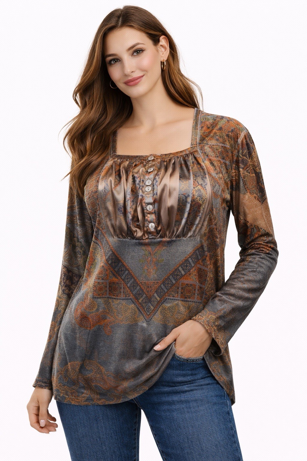 Nextop Boho Patchwork Top XL Square Neck Button F… - image 1