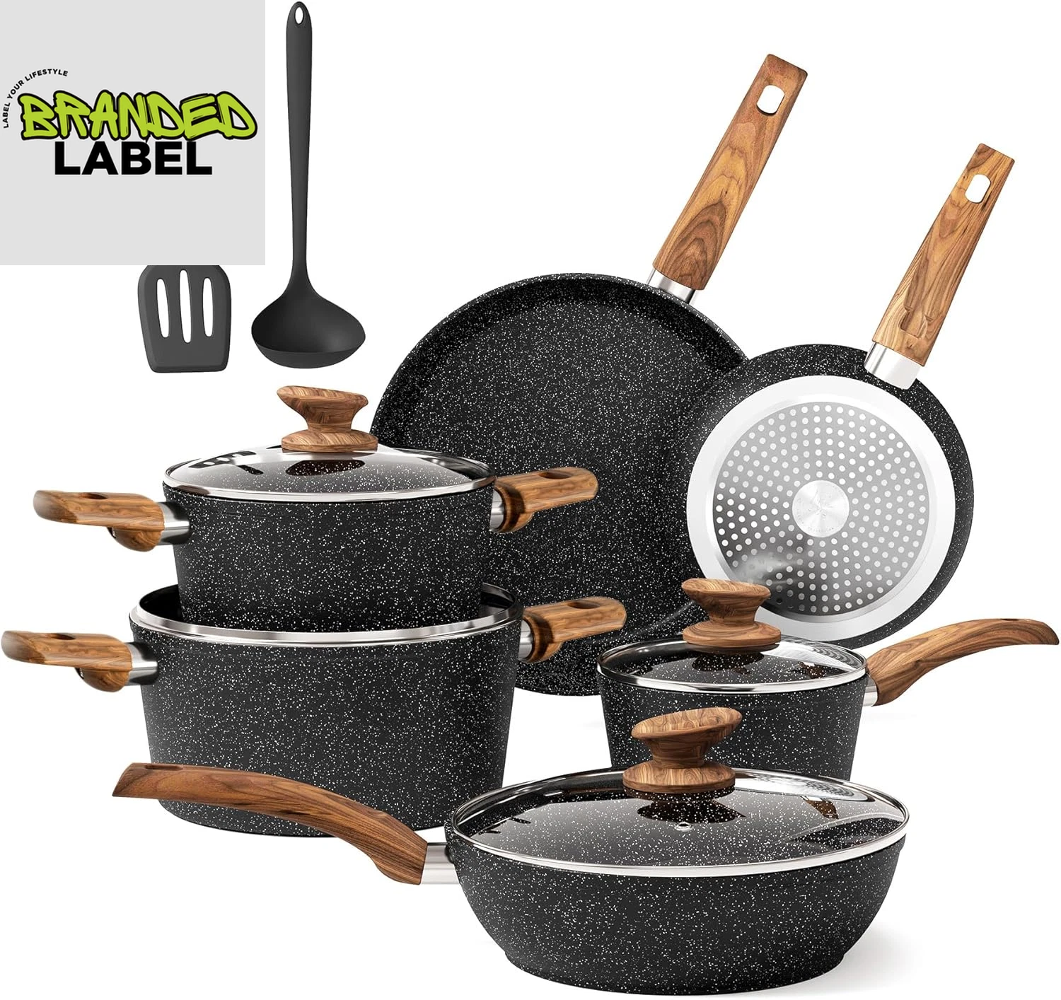 12 Piece Non Stick Pots and Pans Set Granite Induction Cookware with Lids Black