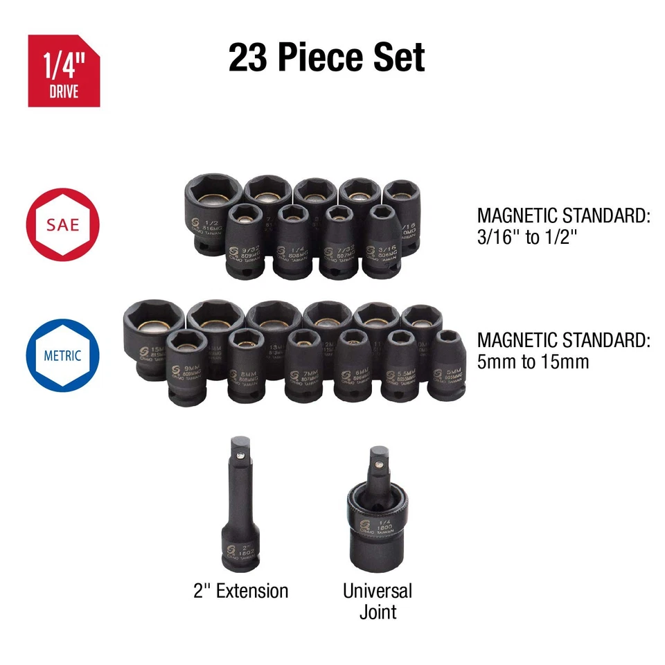 1/4" Drive Magnetic Impact Socket Set, Metric/Fractional, 6-Point, 23-Piecett - Image 2 of 4
