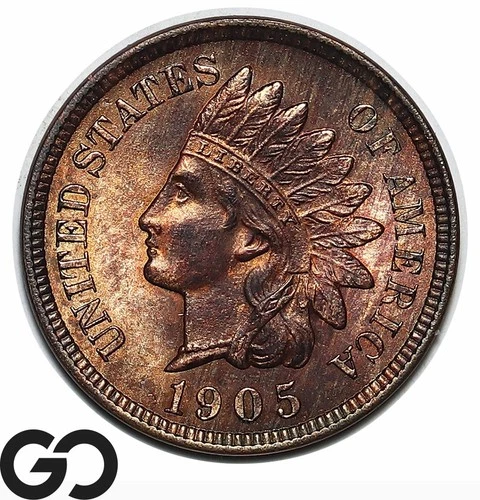 1905 Indian Head Cent Penny, Red Brown Woodgrain Toner, Superb Gem BU++ RB