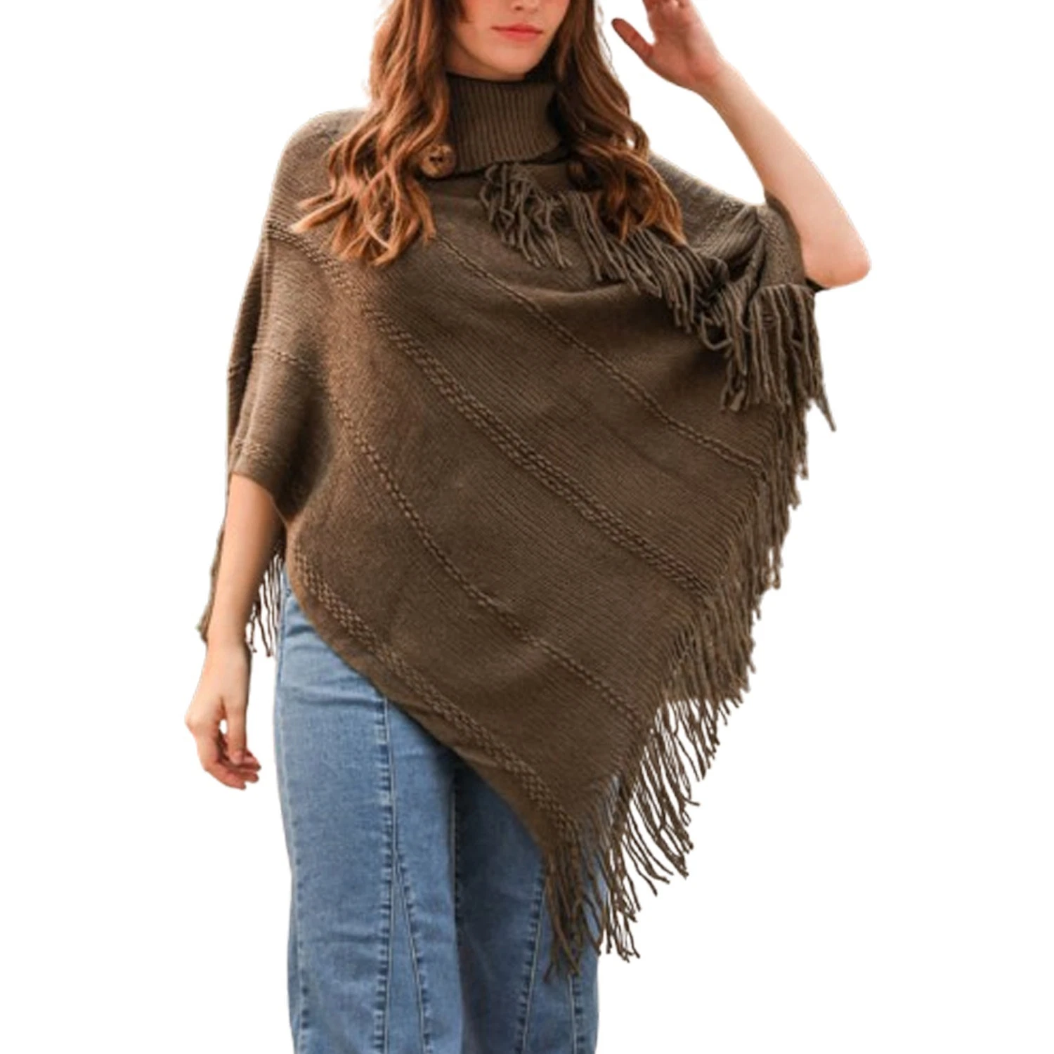 Warm Button Neck Poncho – Stylish Fringe Design
