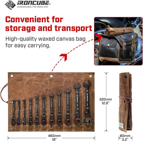 Durable 11-Piece Black Ratcheting Wrench Set - Chrome Vanadium & Canvas Pouch - Picture 7 of 11