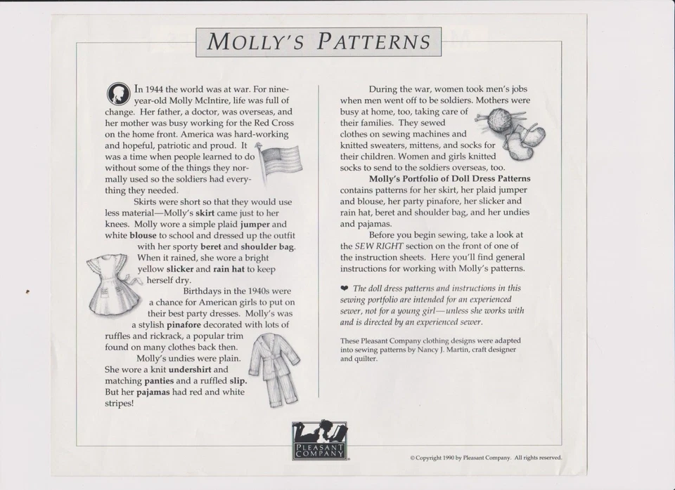 American Girl Doll Molly Clothing Sewing Reprod. Pattern OOP Pleasant Company - Image 2 of 4
