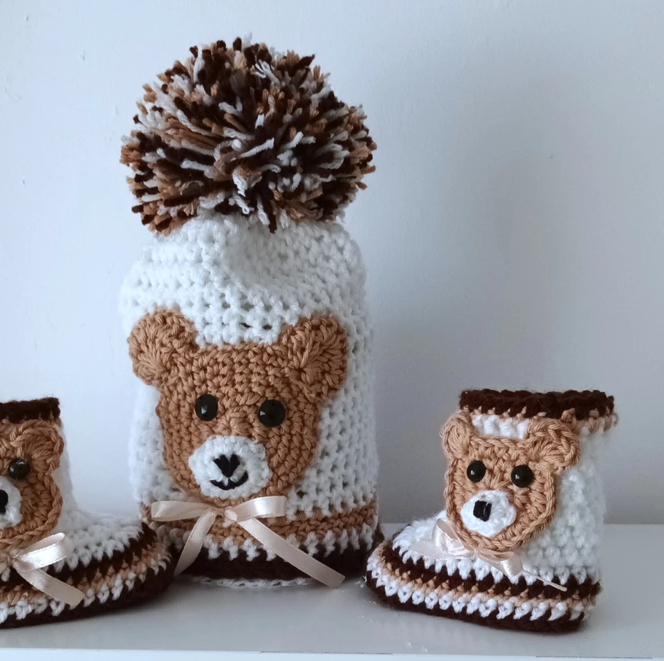 SOMBRERO Y ZAPATOS DE GANCHILLO PARA BEBÉ HECHOS A MANO CON BOTINES DE OSO BOTAS SUAVES CÁLIDOS  Foto 3 de 4