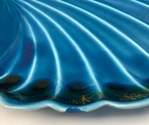 USA California Made Sea Shell Shaped Chip & Dip Dish Platter Blue Aqua R-134 - Picture 10 of 11