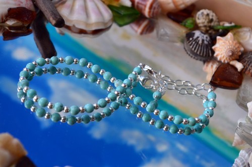 4mm Turquoise Bead and 3mm Sterling Silver Bead Ankle Bracelet 9 to 11 Inches - Picture 8 of 12