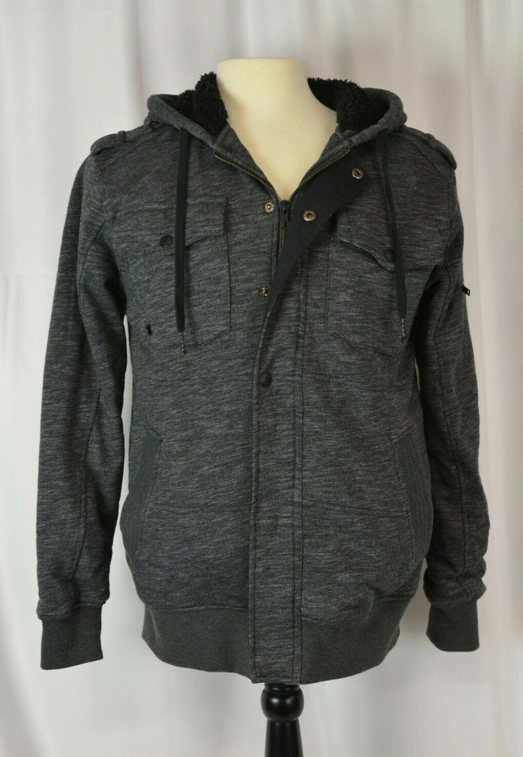 BKE Men's Full Zip Jacket Sz Medium Hooded Snaps Gray Cotton Blend Athletic Fit