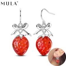 MULA New European Bow Strawberry Hook Earrings Women Jewelry 925 Sterling Silver