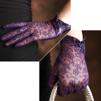 Women's Ladies Real Leather&Lace Touchscreen Unlined Fashion Sexy Short Gloves
