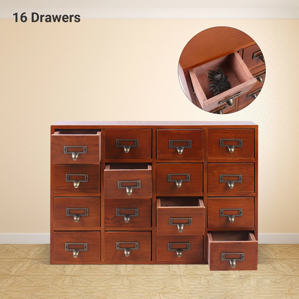 16 Drawers Vintage Wood Storage Box Apothecary Medicine Cabinet Drawer  Organizer