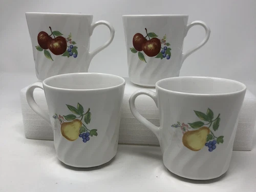 Set of 4 Corelle Corning Chutney Swirl Fruit Coffee Mugs Cups Pears Apples  USA