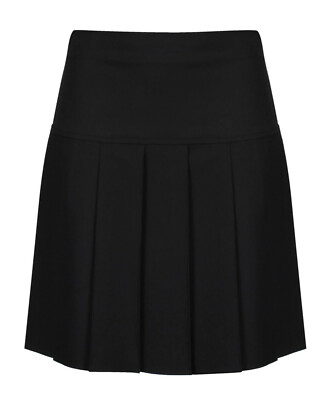 Damen Büro Arbeitskleidung Dropwaist Rundum Plissee Uni Schwarz Rock Tiefe Taille