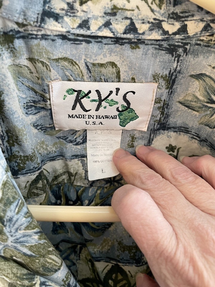 Kys Cotton Geometric Hawaiian Shirt Mens Size L Blue Green Boats eBay
