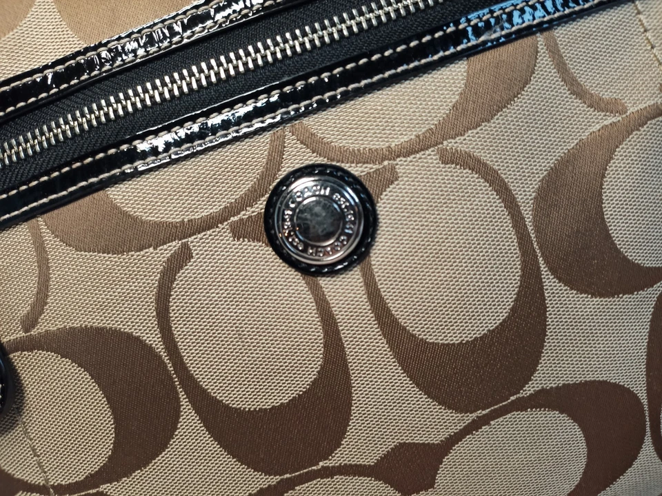 Coach Laura Bolso de Mano Grande Negro Marrón Bolso de Hombro Cuero Firma Charol Foto 3 de 4