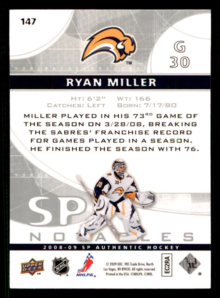 2008-09 SP Authentic #147 Ryan Miller N /999 - Image 2 of 2