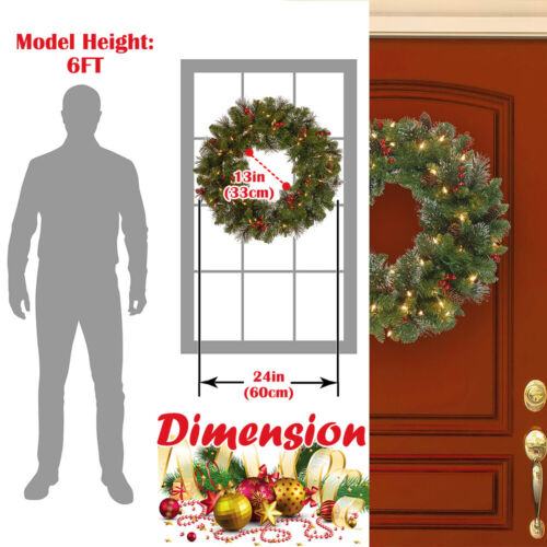 24in Artificial Christmas Wreath with LED Lights for Front Door Wall Home Decor - Picture 8 of 12