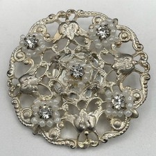 Vintage Silver Filigree Brooch w/ Rhinestones & Beaded Floral Accents Statement