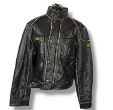 Vintage Belstaff Biker Jacket Sherpa Trim Lining Mens XL Black RAF Moto PVC UK