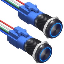 2PCS 16mm Push Button Switch 12V DC Latching On/Off Waterproof LED, Blue
