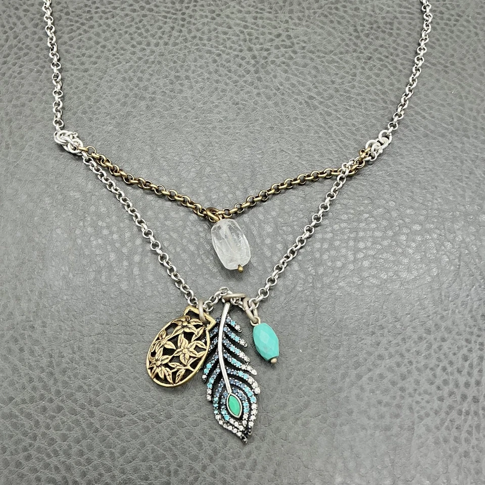 Collar Boho Marca Lucky Plata Tono Dorado Turquesa Cuentas Pluma Colgante 24" Foto 3 de 4