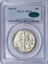1942-D WALKING LIBERTY HALF DOLLAR PCGS MS65 CAC
