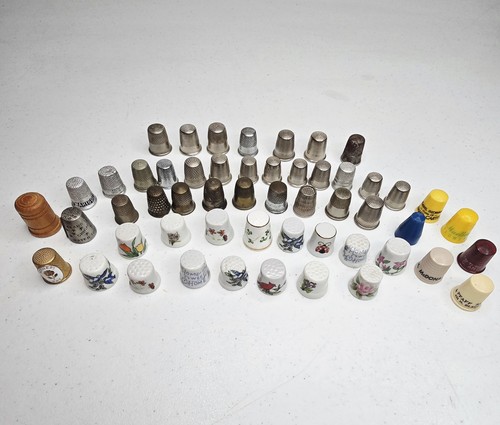Vintage Lot of 53 Collectible Thimbles -Estate - Mixed Porcelain, Plastic, Metal