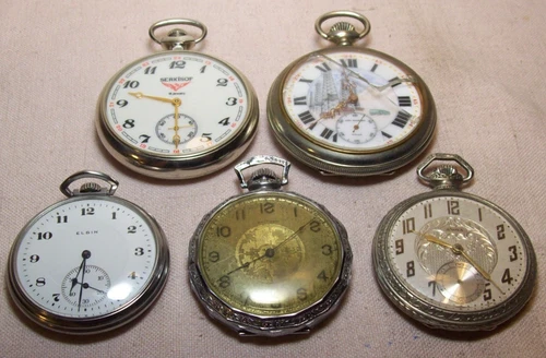 antique~5 POCKET WATCHES FOR PARTS OR REPAIR~ELGIN~WALTHAM~ABRA~KELBERT~SERKISOF