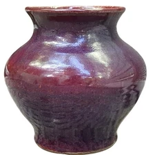 Vintage Stoneware Pottery Vase Red Purple Flambé Glaze Potbelly Studio Signed