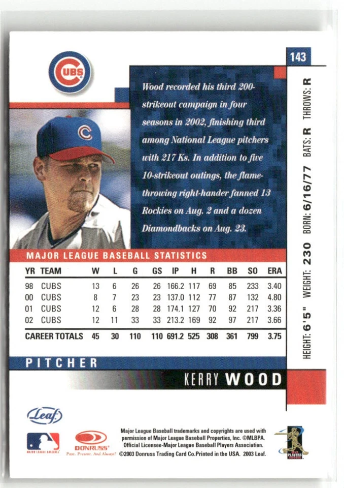 2003 LEAF #143 KERRY WOOD CHICAGO CUBS - Image 2 of 2