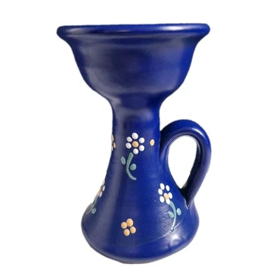 Bougeoir Vase Soliflore En Terre Cuite Décor De Fleurs Signé (A Identifier) - Photo 1/4