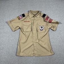 Vintage Boy Scouts of America BSA Youth Shirt Youth Large Tan Sewn on patches