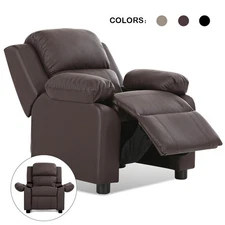 Brown Deluxe Padded Kids Sofa Armchair Recliner Headrest Children w Storage Arms