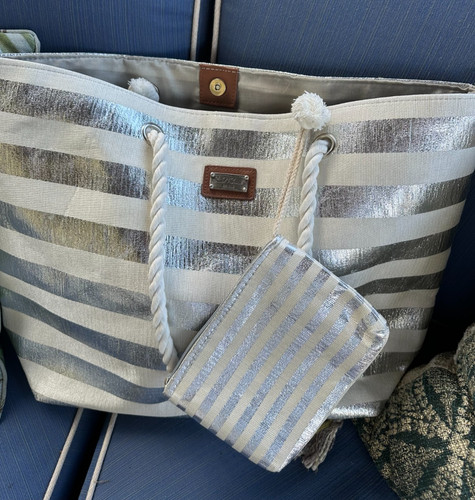 Sun & Sand Beach Bound Silver Foil Metallic Striped Tote Bag - NWOT