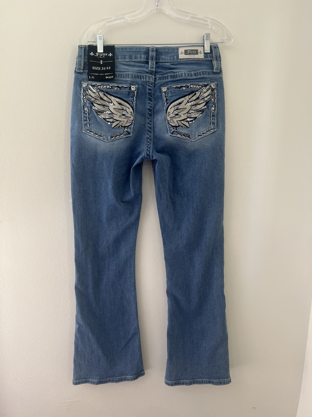 NWOT Fleur by Miss Me Wings Sequin Embroidered Pocket Boot Blue Jeans Size 31 12