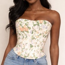 NWT Zara Pink Multicolor Floral Corset Bustier Structured Top Size XS Romantic