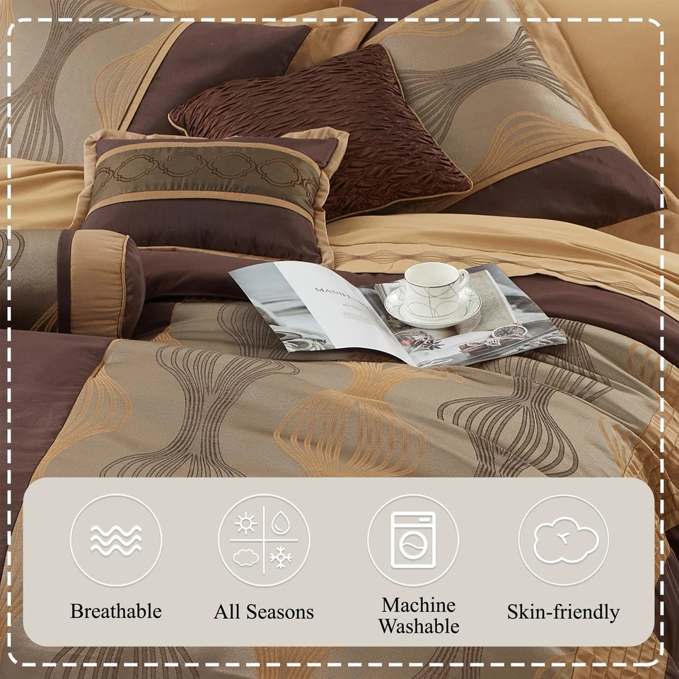 Elegante Juego de Edredón Marrón, Cama de 7 Piezas en Bolsa, Cal King Size, Rayas, Jac... Foto 4 de 4