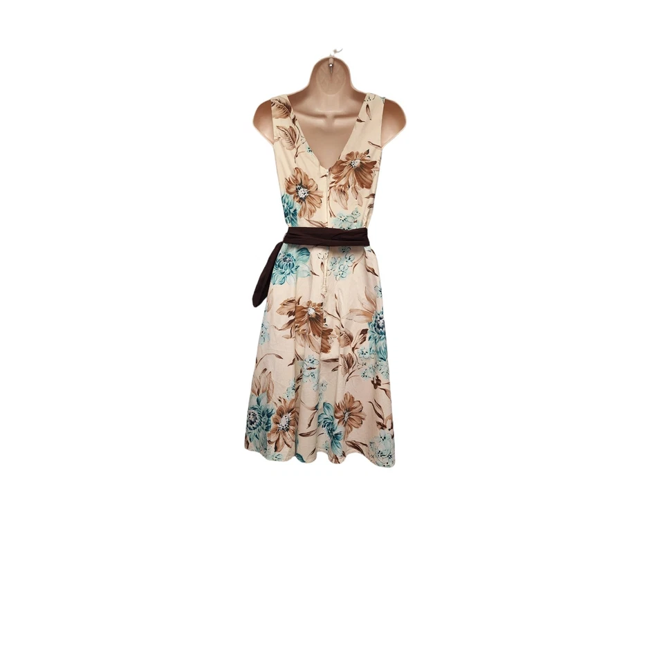 B. Darling Fit & Flare V-Neck Multicolor Ivory Brown-Blue Floral Dress Size 9/10 - Image 3 of 4