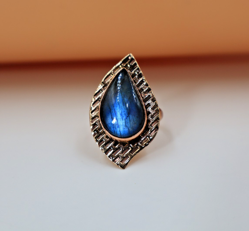 Teardrop Blue Labradorite Healing Ring Designer Copper Handmade Spiritual Ring - Picture 2 of 12