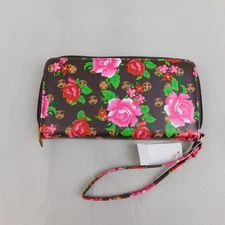 Paris B Floral Print Logo Zip-Around Wristlet Clutch Wallet - Brown #6838