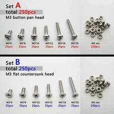 250pc Assortment Kit Set 304 Stainless Steel Phillips Cross Screw Bolt Nut M2 M3