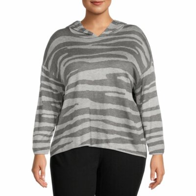 Terra & Sky Women s Plus Size 4X(28W-30W) Jacquard Hoodie Sweater Grey Zebra NWT