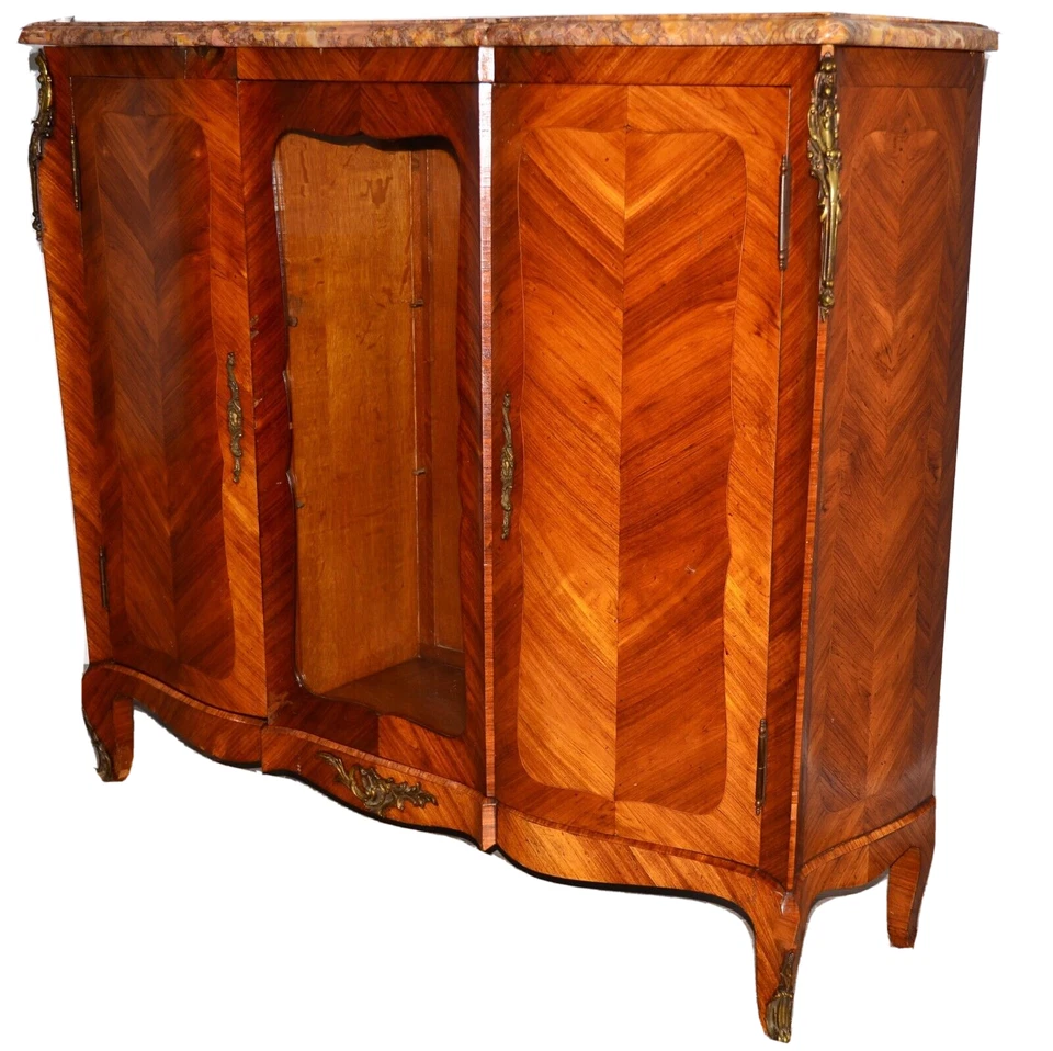 Старинный французский мраморный верхний бронзовый инкрустированный книжный шкаф комод витринный шкаф Людовика XVI - Изображение 3 из 4