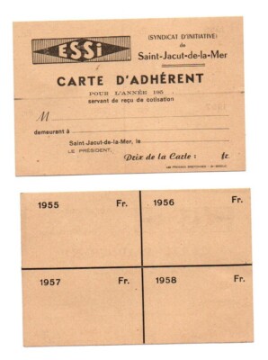E.S.S.I. Mitgliedskarte Syndicat d'Initiative de Saint-Jacut-de-la-Mer 1955/58