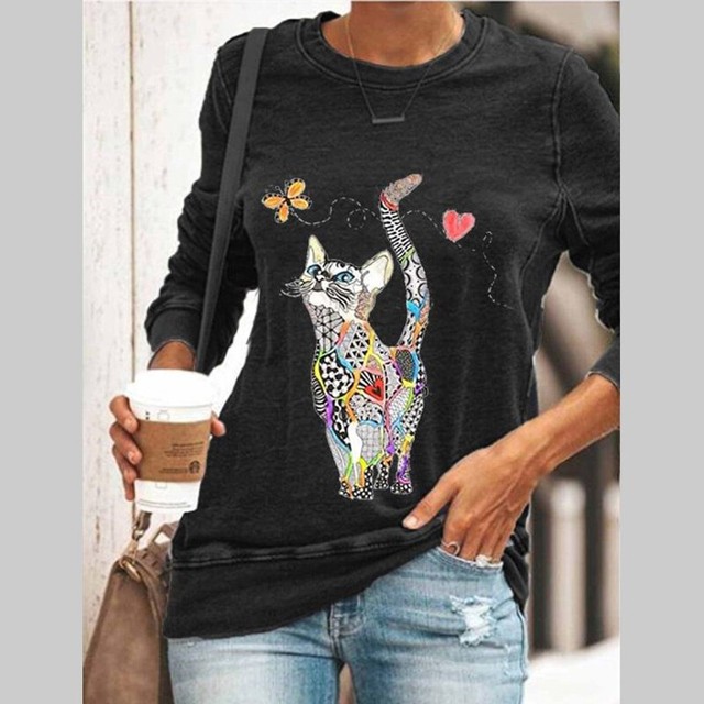 Womens Long Sleeve Lovely Cat Print T Shirt Loose Crew Neck Casual Tops Blouse eBay