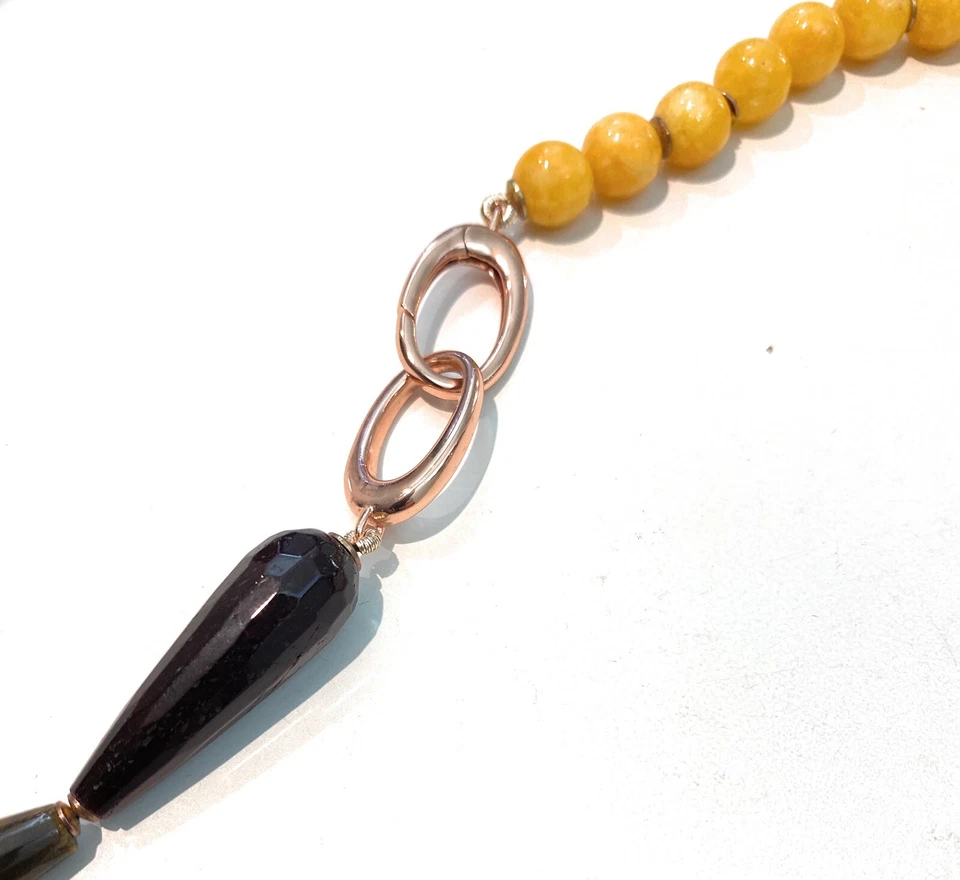 Collana Lunga Giada Gialla Occhio di Gatto Marrone/Giallo Argento Sterling - Immagine 4 di 4