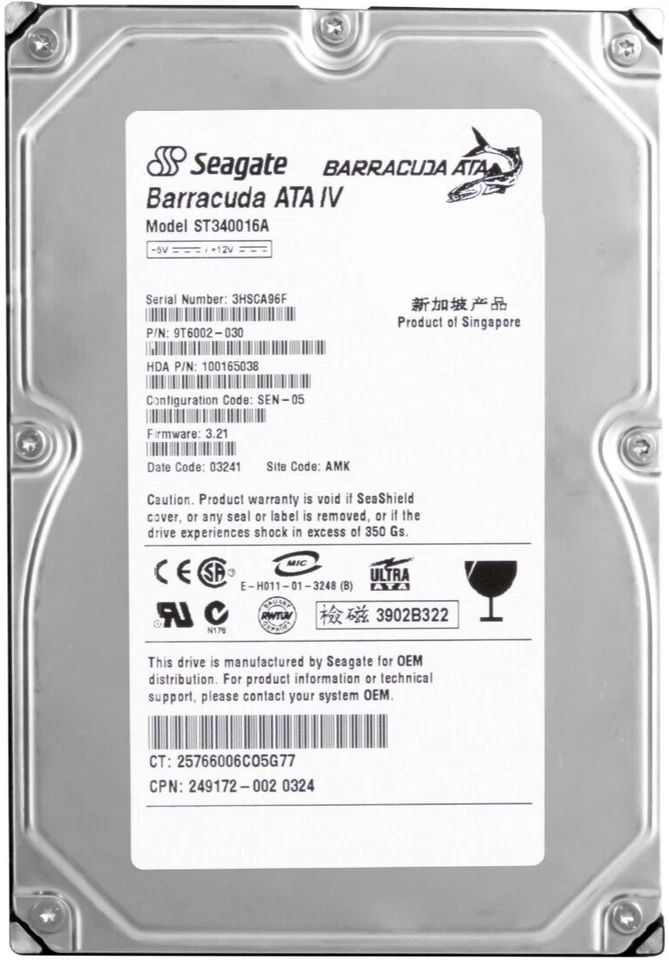 Hard Drive Seagate barracuda Ata IV ST340016A 40GB 7200U/Min 2MB Ide 3.5 " - Image 3 of 3